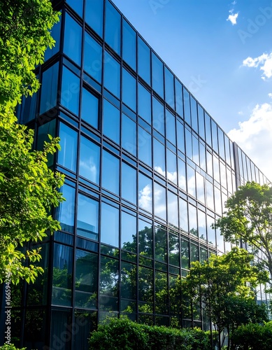 Modern glass office building with lush greenery