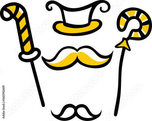Festive photo booth props including hats and beards isolated on white background isolated on transparent background