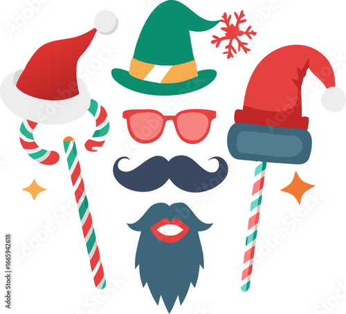 Festive photo booth props including hats and beards isolated on white background isolated on transparent background