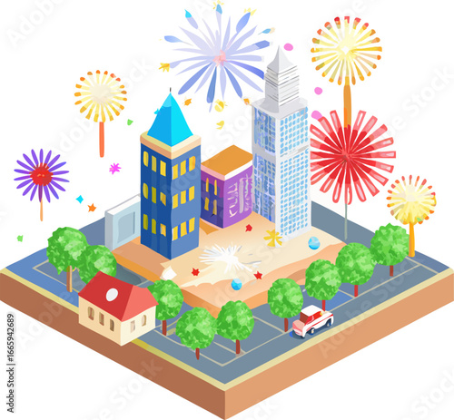 Vibrant fireworks display over a decorated city square at night isolated on white background isolated on transparent background
