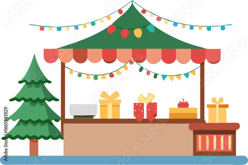 Festive outdoor christmas market scene with decorated stalls and lights isolated on white background isolated on transparent background