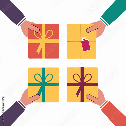 People exchanging secret santa gifts isolated on white background isolated on transparent background