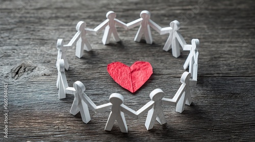 Top view of red origami heart surrounded by circle of white origami figures holding hands on wooden surface, symbol of unity, friendship, community support and International Day of Non-Violence
