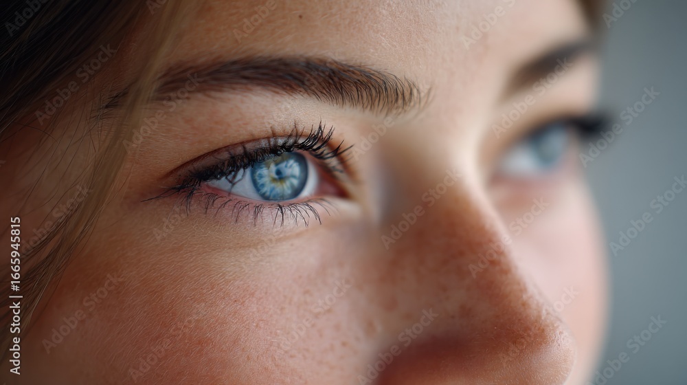 Obraz premium Expressive close-up of a young woman's blue eye with long, dark eyelashes and a subtle hint of makeup, dramatic side lighting casting a soft shadow, conveying emotion and beauty. 