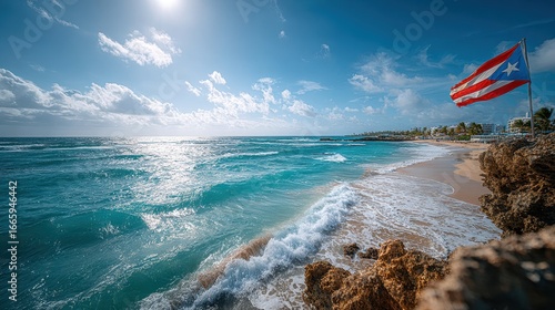 Scenic Puerto Rico Beach with Turquoise Water and the National Flag