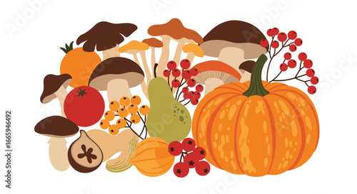 Harvest bounty vegetables fruits and mushrooms seasonal autumn arrangement