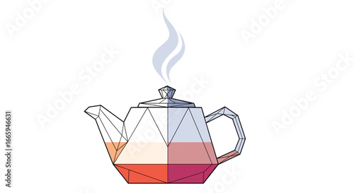 A polygonal teapot brews warm beverages with steam rising from the spout