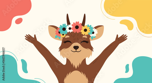 Joyful woodland creature with flower crown embracing nature's beauty
