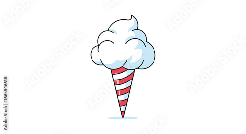 A whimsical treat a cotton candy cone illustration showing pure white fluffy sweetness atop a vibrant red and white striped cone