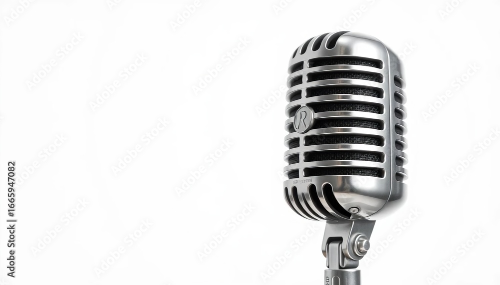 Fototapeta premium Classic silver vintage microphone isolated on white , vintage tech, equipment
