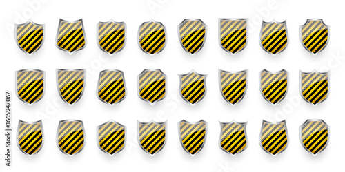 Glossy shields with yellow and black pattern. Security and protection concept. Cyber safety icons, internet privacy, web defense, digital data protection and antivirus themes. Vector illustration
