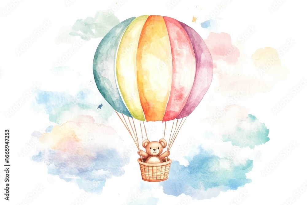 Naklejka premium An illustration of a baby bear cub floating with a hot air balloon in a watercolor sky filled with pastel colors is a heartwarming scene