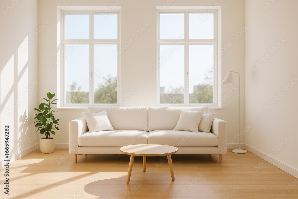 Fototapeta premium Serene Living Room Interior: A bright, airy living room is bathed in natural light, inviting a sense of calm with a stylish sofa, a potted plant, and a minimalist design.