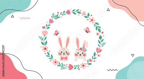 Adorable easter rabbits surrounded by a beautiful floral wreath celebration