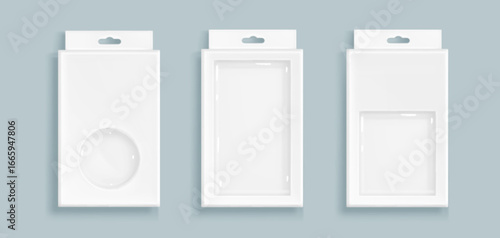 White box packages with plastic window displays and hanging tabs for retail merchandise. Cardboard containers with transparent panels for product visibility and euro hole cutouts for store shelving.