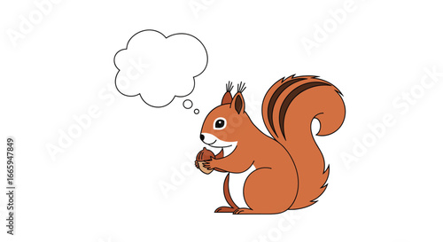 A curious red squirrel contemplates its nut holding it tight in its paws