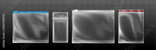 Clear zip lock bag set with transparent plastic and colored seals for storage. Resealable pouches with blue, white and red closure strips and hanging hole for retail or food packaging purposes.