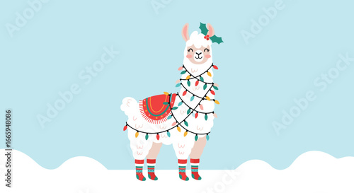 Festive llama adorned with twinkling christmas lights standing in a winter wonderland scene
