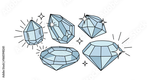 Sparkling gemstones collection featuring various cuts and facets with light rays