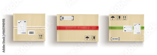 Cardboard box top view with shipping labels and colored tape sealing brown packages for delivery. Parcel surfaces with QR codes, handling icons and adhesive strips for e-commerce or postal logistic.