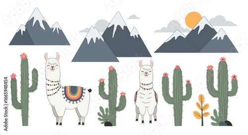 Cute llamas and cacti in a mountain landscape with a sunny sky and clouds