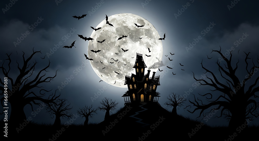 Fototapeta premium Digital illustration of a spooky Halloween castle under a full moon with bats flying overhead at night.