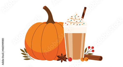 Delicious autumn pumpkin spice drink with whipped cream and cinnamon stick