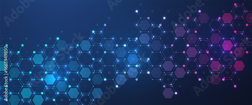 Modern health care or medical background design. Health care innovation concept. Horizontal header web banner. Abstract geometric background with hexagon shapes for medicine, science, chemistry.