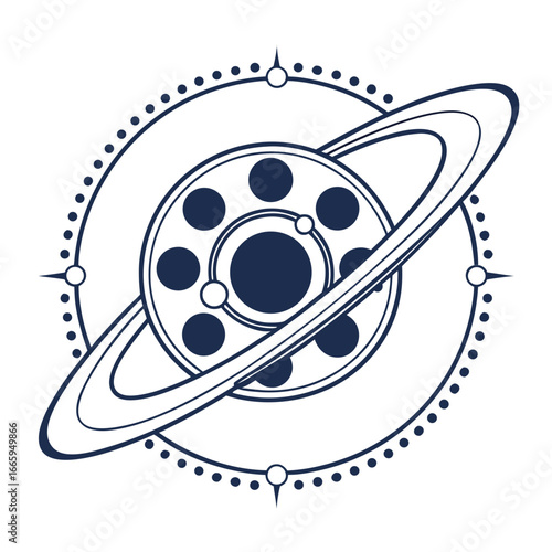 Vector art of stylized planet with rings and compass points