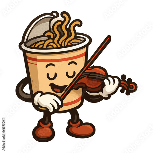 A cartoon character plays the violin while holding a bowl of noodles. The character is smiling and he is enjoying the music