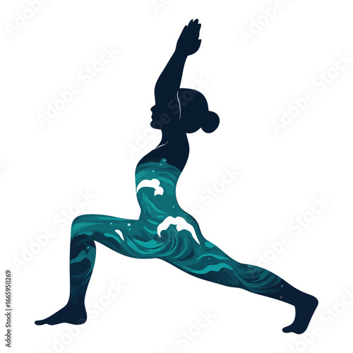 A woman is doing yoga poses in the water. The water is blue and the woman is wearing blue clothing