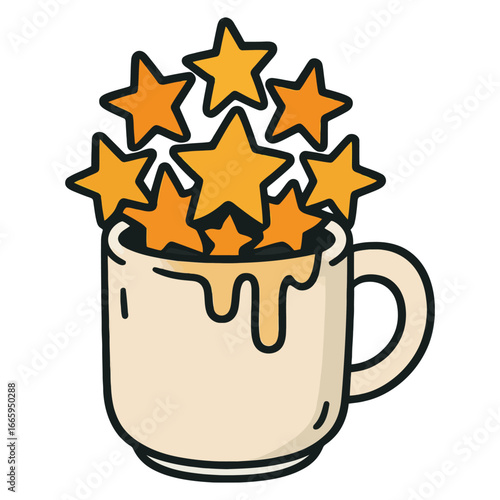 A white cup with a yellow substance dripping from it, and a bunch of stars scattered around it. The cup appears to be filled with a kind of liquid