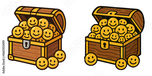 Two gold chests with many smiling faces. One is on the left and the other on the right