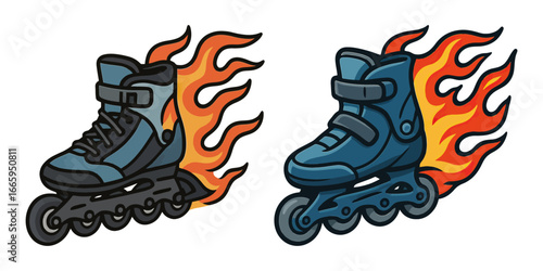 Two roller skates with flames on them. One is blue and the other is black