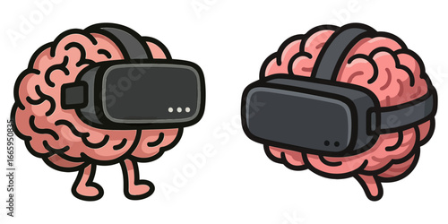 Two cartoon brains wearing virtual reality goggles. One is on the left and the other on the right