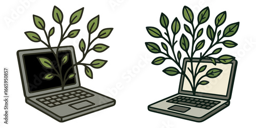 Two laptops with trees growing out of them. One laptop is black and the other is silver. The trees are growing out of the laptops