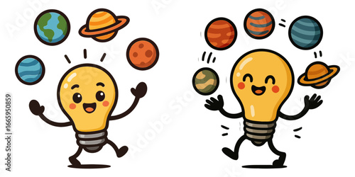 A cartoon character is juggling planets and a light bulb. The light bulb is smiling and the planets are scattered around it