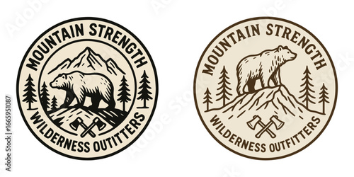 The mountain strength logo is a bear with an axe. The logo is for wilderness outfitters. The logo is black and white