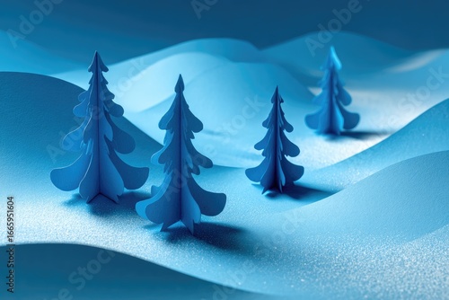 Fototapeta Naklejka Na Ścianę i Meble -  Blue paper Christmas trees on a snowy landscape