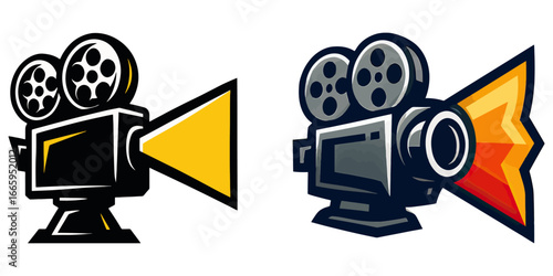 The two images are of a movie camera. One is a close up of the camera and the other is a close up of the camera's lens