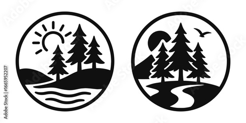 The two images are of a forest with a body of water in the foreground. The first image has a sun in the sky. Both images convey a sense of tranquility
