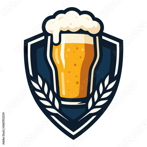 A beer mug is shown with a shield around it. The shield is blue and white and has leaves on it