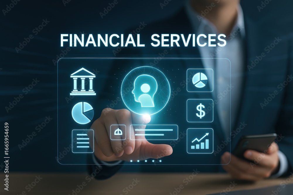 Fototapeta premium A hand interacts with a holographic display showcasing financial services options, highlighting technology and business concepts.