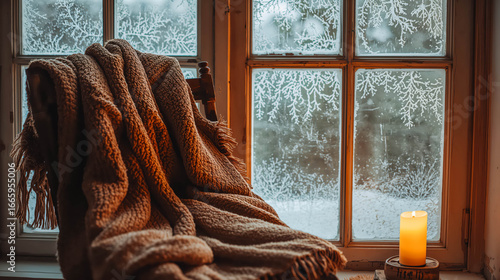 Cozy winter scene with blanket and candle by frosty window