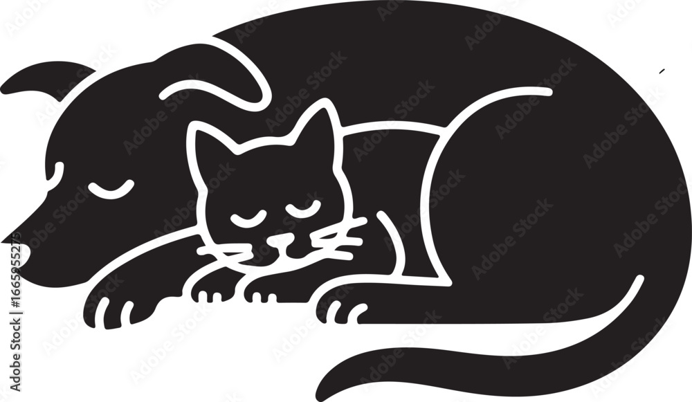 Naklejka premium pet, friendship, illustration, dog, and, cat, sleeping, together, cute, animal, love, harmony, simple, solid, black, silhouette, vector