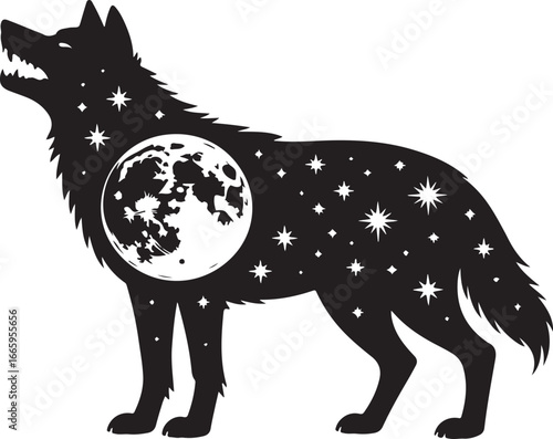 celestial, wolf, silhouette, fantasy, animal, tattoo, design, spiritual, creature, moon, and, stars, double, exposure, illustration, vector