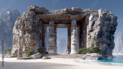 Wallpaper Mural Majestic Stone Temple Ruins on Sandy Beach with Ocean and Mountain Views Torontodigital.ca