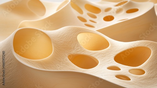 A close-up view of a textured, light-colored surface with a series of hollow, irregular shapes.