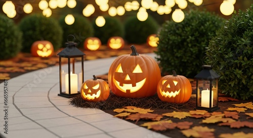 Spooky jack-o'-lanterns glow with festive Halloween lights