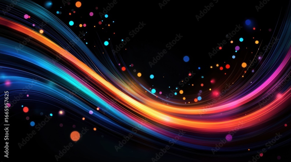 Obraz premium A vibrant abstract composition of multicolored lines and dots against a black background.
